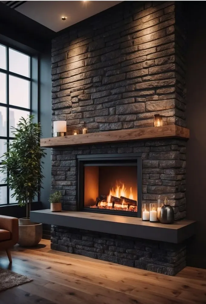 Gas fireplace installed in a stone-clad living-room wall